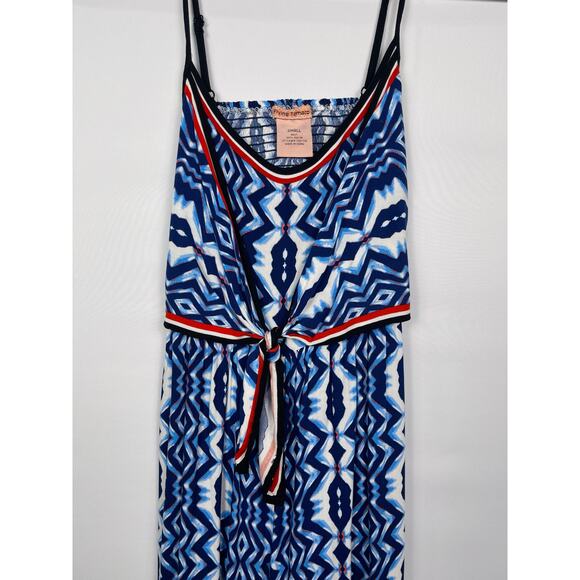 Flying Tomato Blue Aztec Print Jumpsuit Romper Size Small Cutout Waist Tie Back - Picture 3 of 5